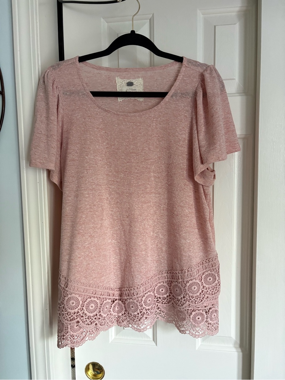 Cupio Blush Pink Crochet-Hem Short Sleeve Tunic